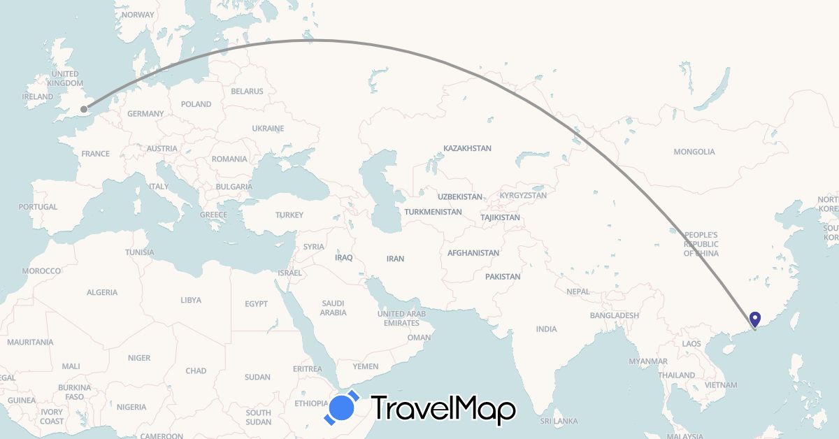 TravelMap itinerary: driving, plane in United Kingdom, Hong Kong (Asia, Europe)
